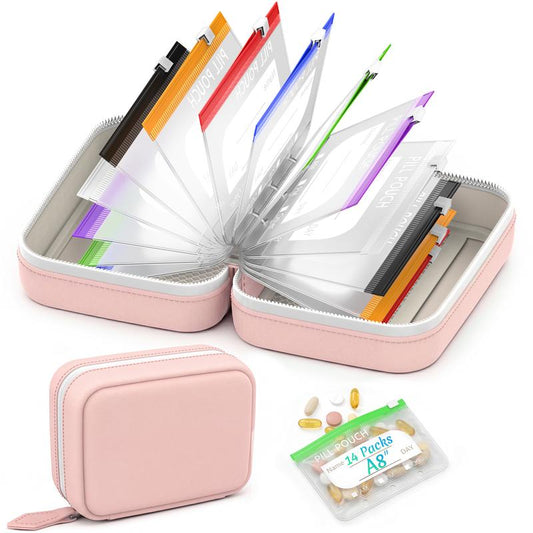 Large Weekly Pill Organizer with 14 Color-Coded Medicine Pouches