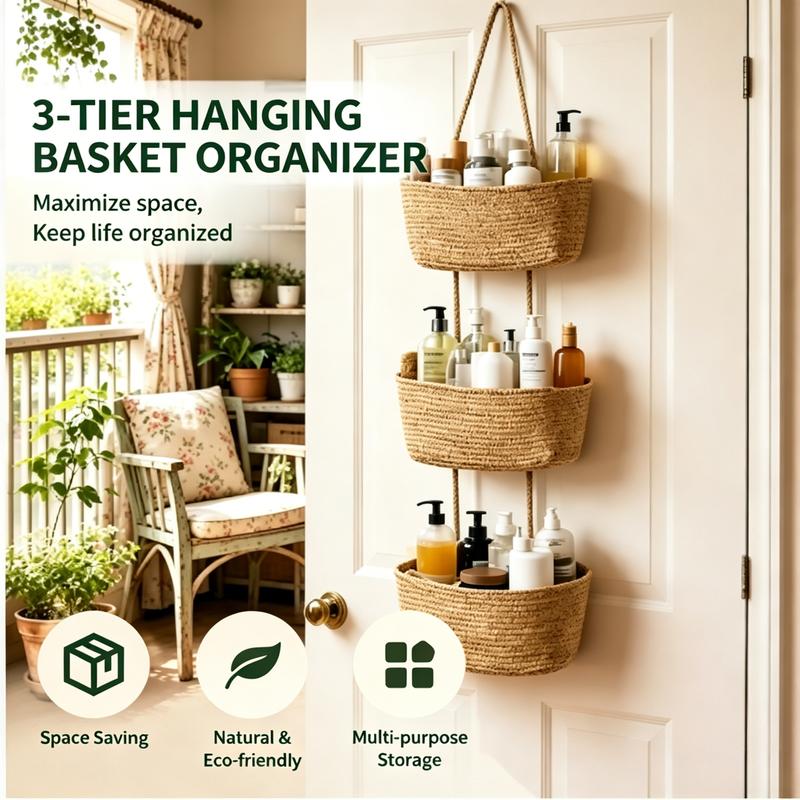 Woven cotton 3-Tier Over the Door Basket